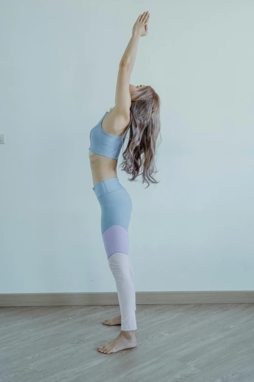 a woman in a purple and blue leotard poses on a wooden floor