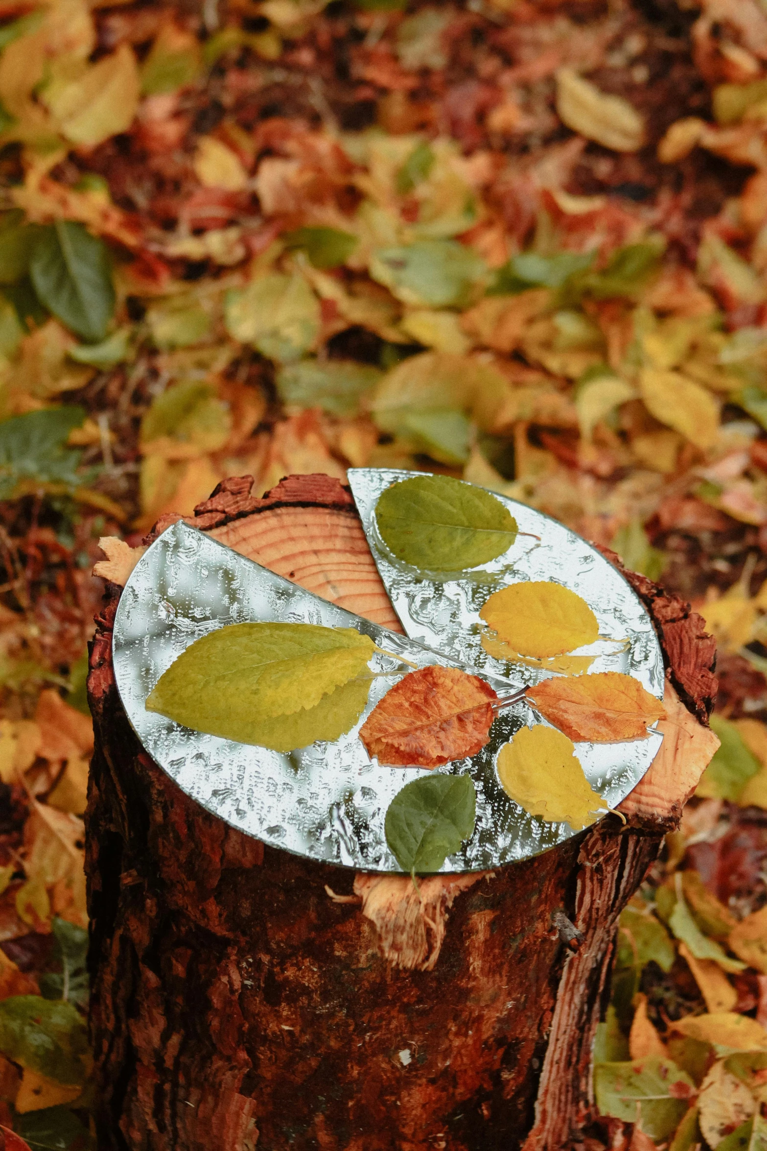 leaf and flower - themed metal garden decoration on top of a tree stump