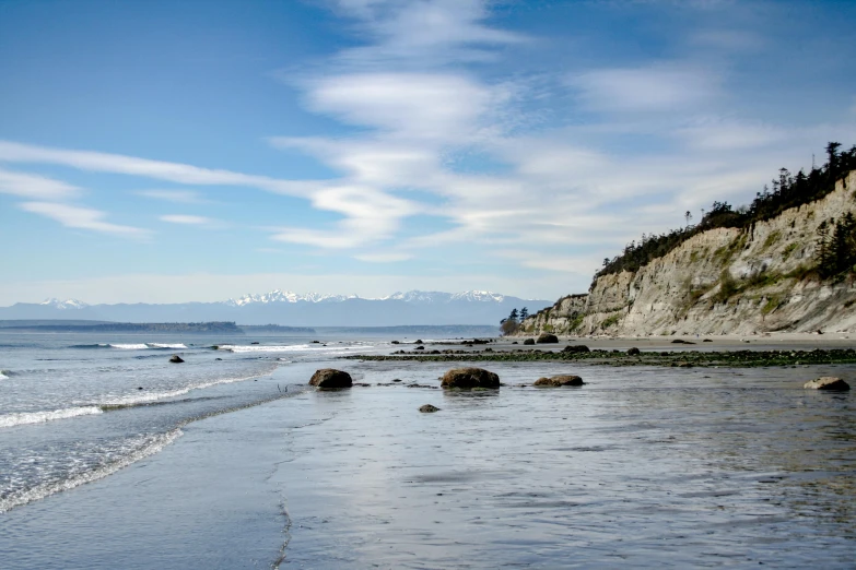 the water on the beach is shallow and very clean