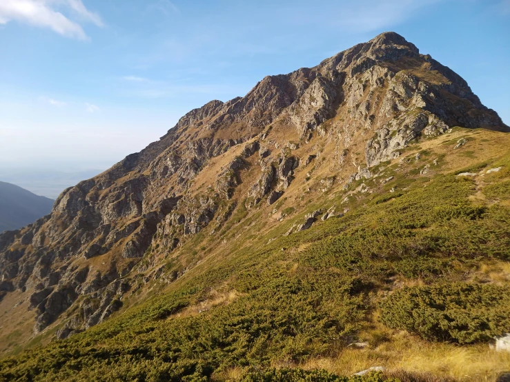 a large mountain covered in grass and weeds