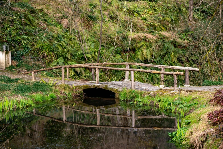 small bridge spanning over a stream on the side of a mountain