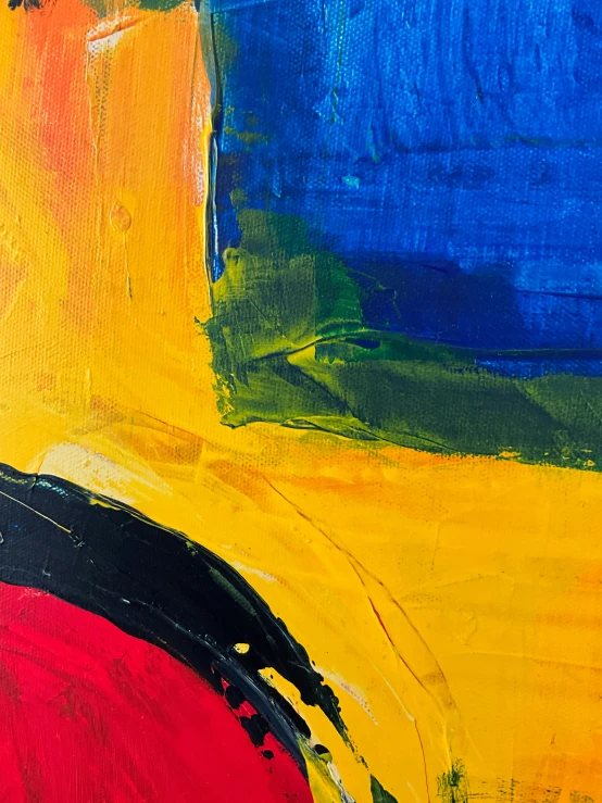 abstract painting with bright colors on a blue, yellow and red surface