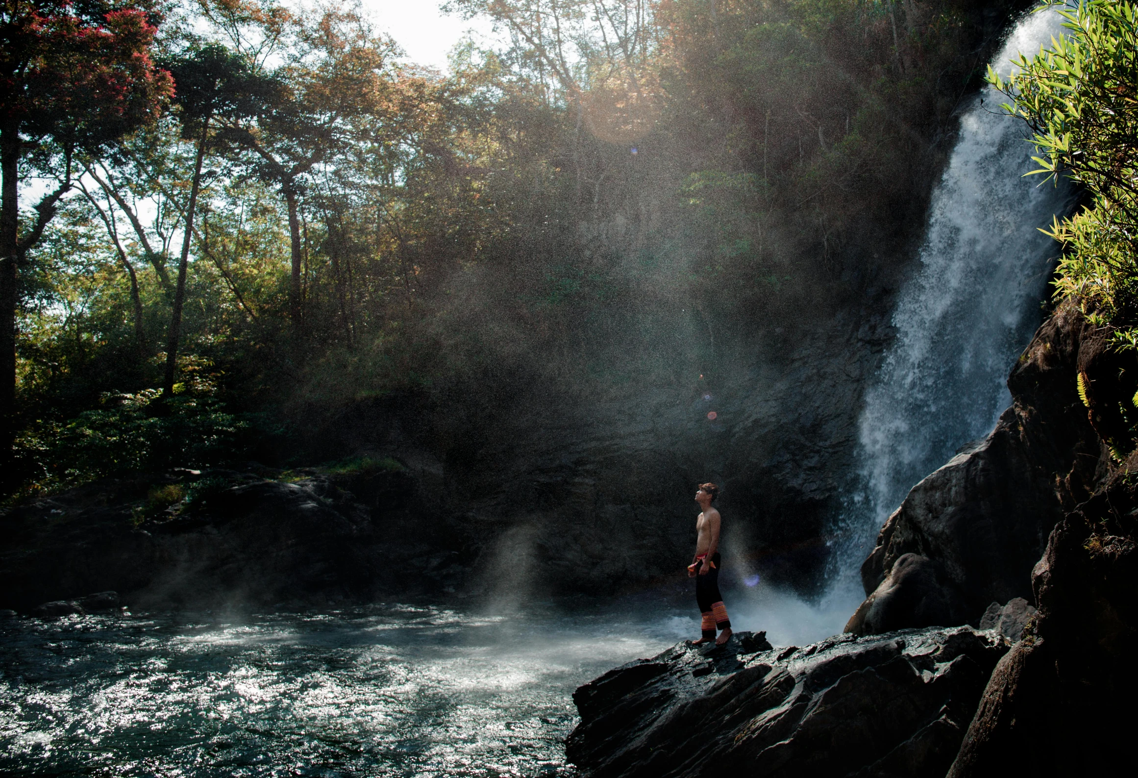 a man standing next to a waterfall near a forest