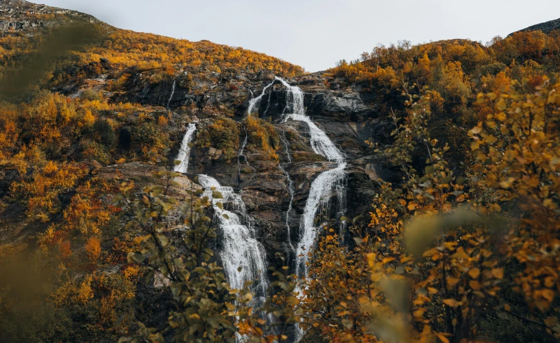 the small waterfall is surrounded by colorful trees