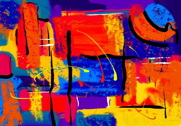 an abstract painting with multicolored lines and squares