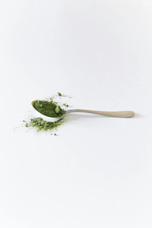 green powdered spoon next to white background