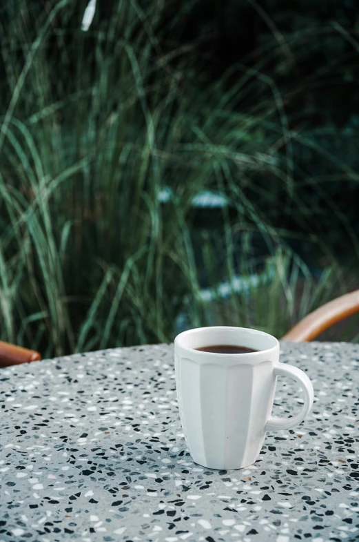 the mug is left on the table beside the tall grass