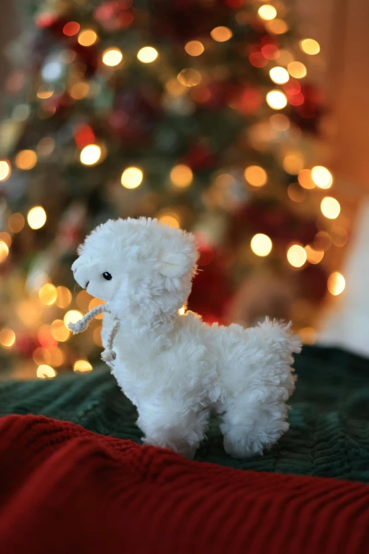 a white stuffed poodle is sitting on a pillow near the christmas tree