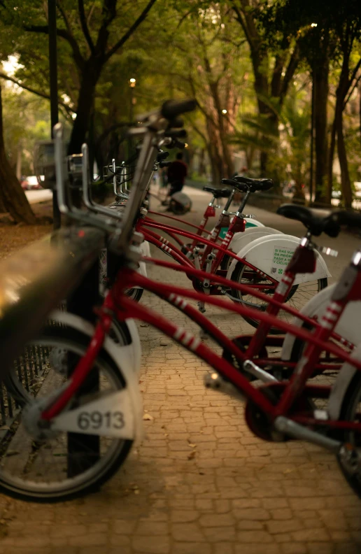 many red bikes parked near each other on a brick walk