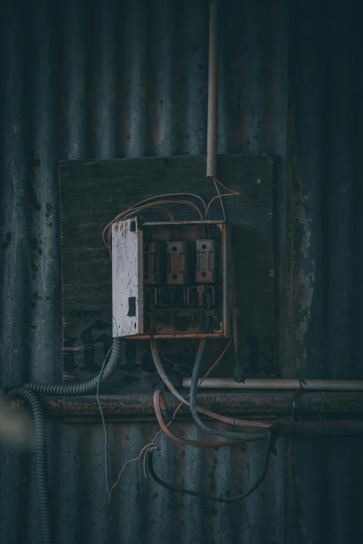 a broken and tangled electrical box in an old looking building