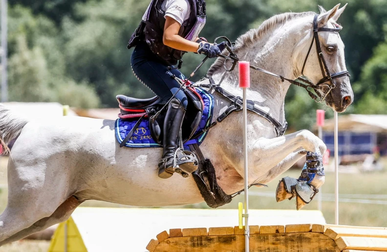 a woman riding a horse jumps over a obstacle