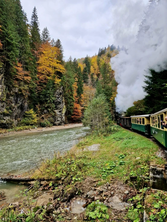 a train that is passing through some trees and the water