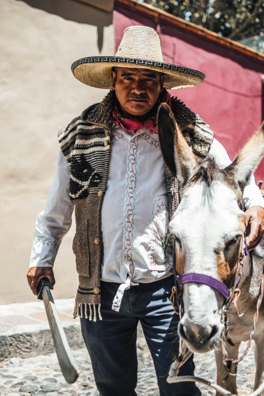 a man walking along the side of a street with a horse