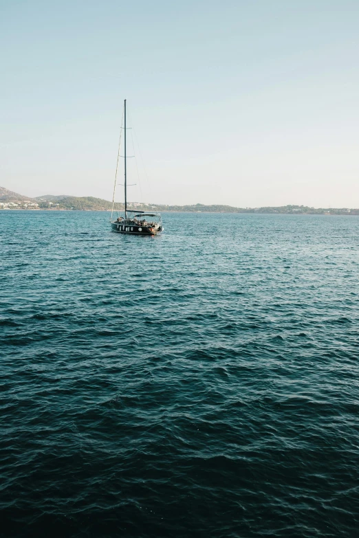 the boat is in the calm blue ocean