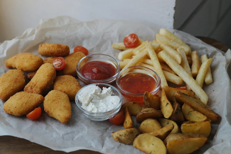 a plate of fried food with a side of ketchup and fries