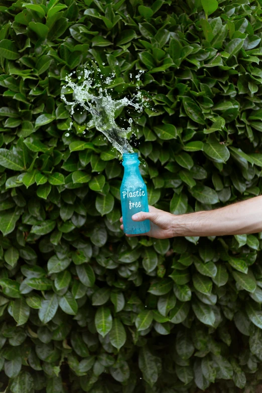 a person holding a blue plastic bottle filled with water