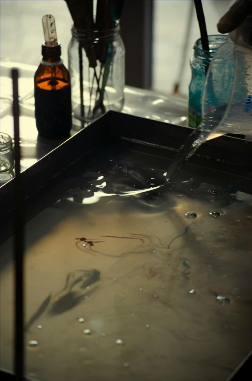 water being poured onto a tray in the kitchen sink