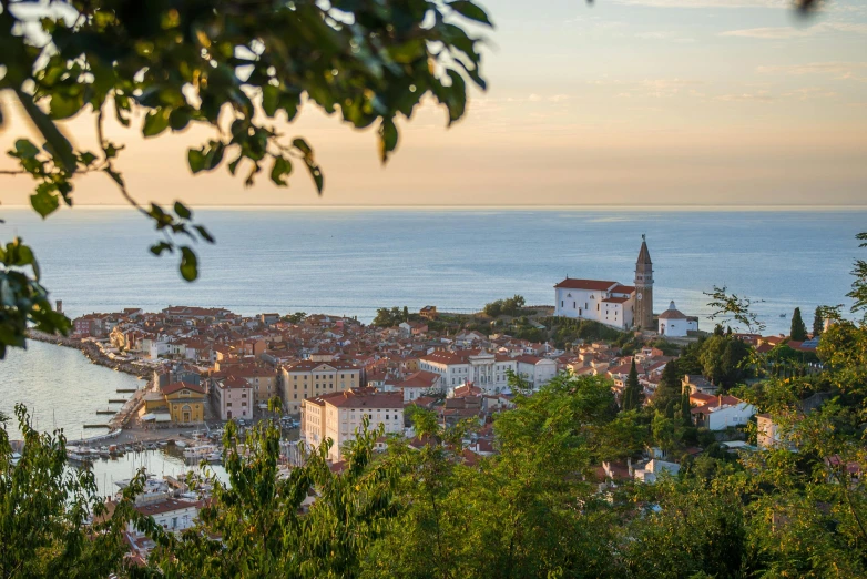 a village sits below the trees and water