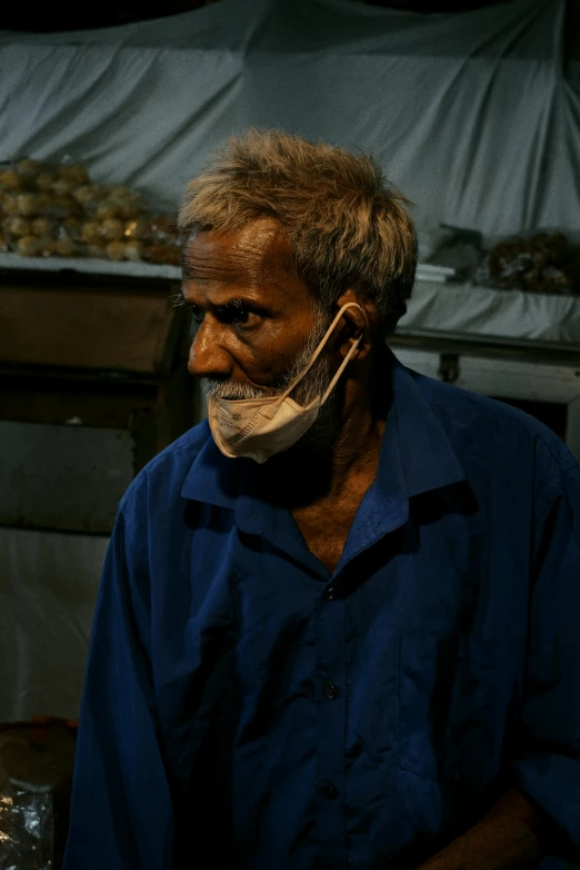 a man is wearing a fake mustache in the dark