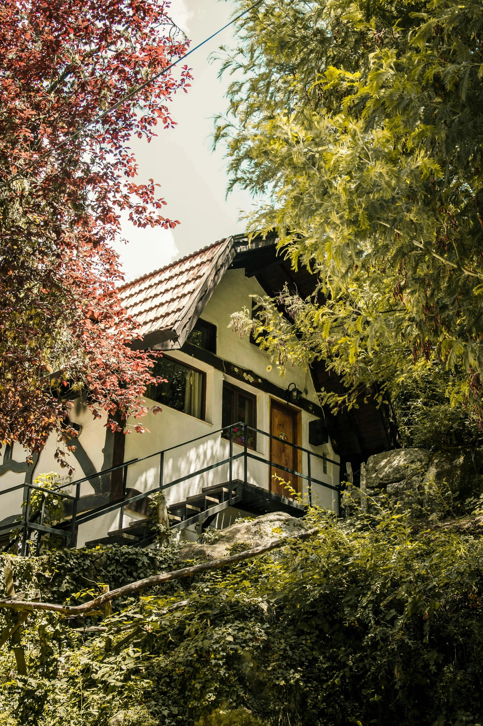 an older japanese style house is located between trees