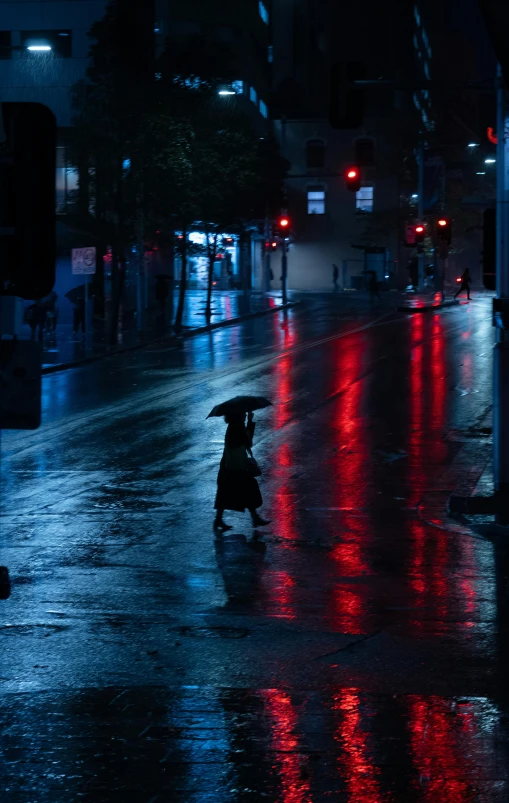 two people with umbrellas crossing the street in the rain