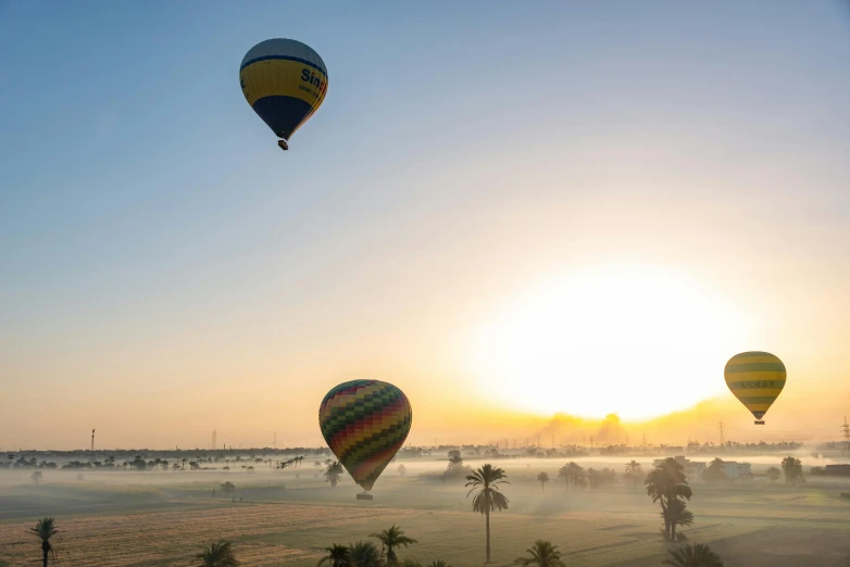 a foggy field has  air balloons floating in the sky