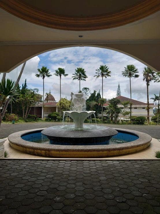 there is a fountain surrounded by palm trees