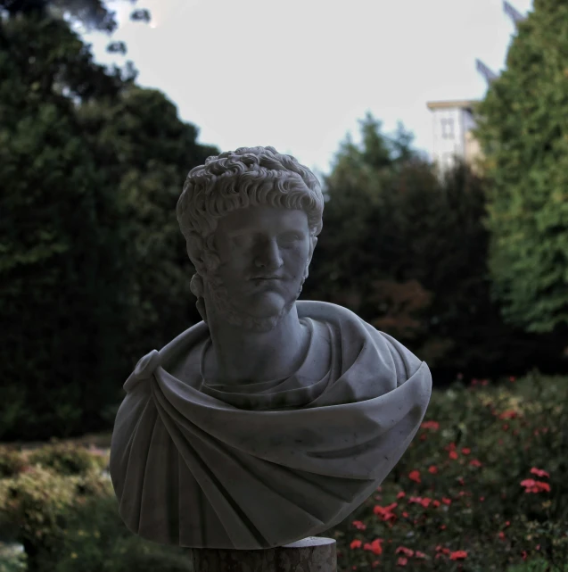 a busturine of an ancient man is sitting in front of some flowers