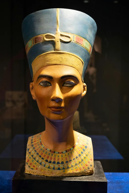 a bust of a queen nefer sitting in a case