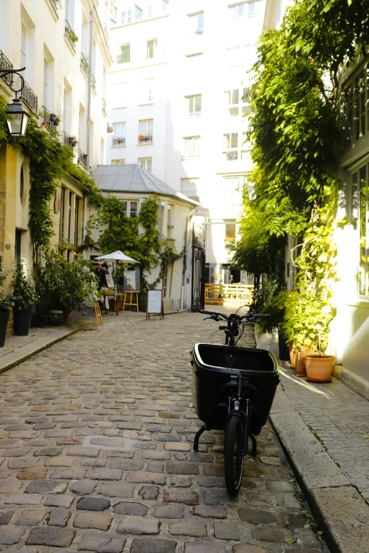 a bicycle is parked outside on the cobblestones