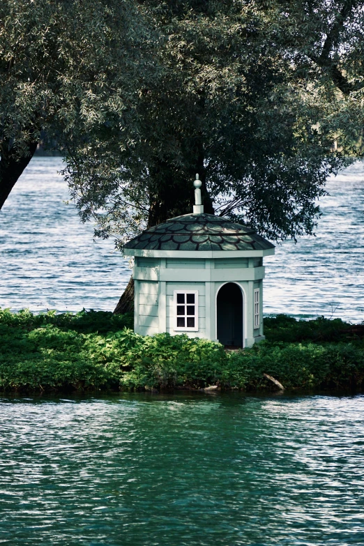 small house by the water with trees in the background