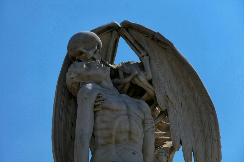 an angel with a skeleton back and wings standing in front of a blue sky