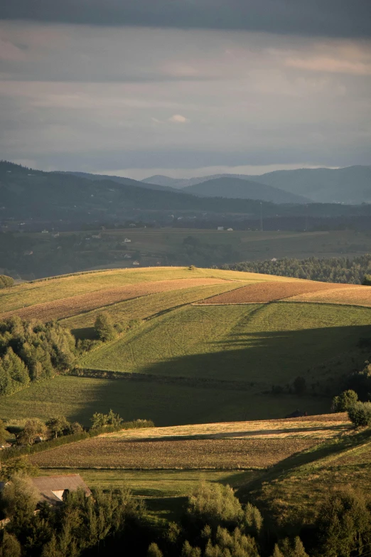 a green field surrounded by trees and hills