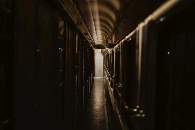 a dark hallway has lots of wooden doors