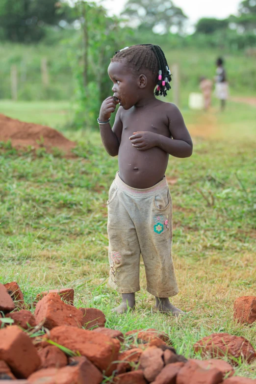 a child standing on the grass next to bricks