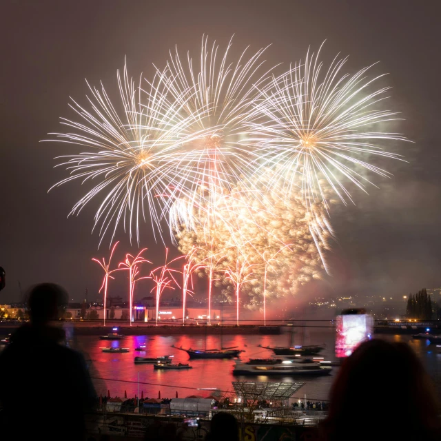 fireworks exploding above the river in front of people