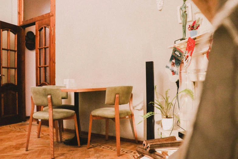 chairs are lined up in a dining area