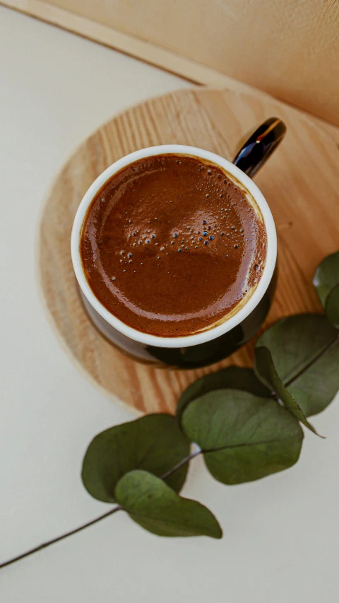 this is a cup of chocolate and leaves