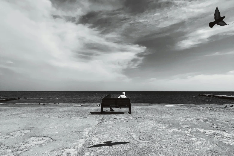 a person sitting on a bench near the ocean with a plane flying