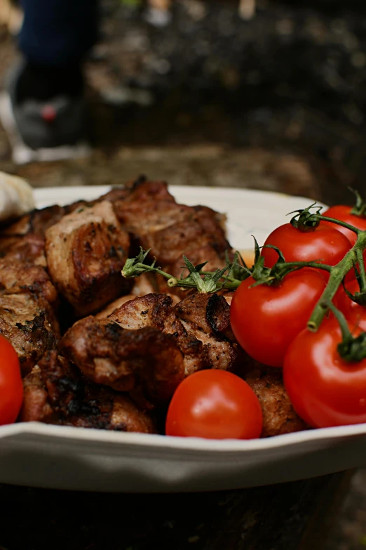 a close - up of food in a dish containing meat and tomatoes