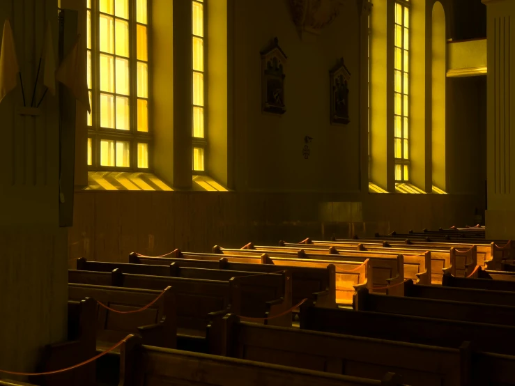 a church with several benches facing bright windows