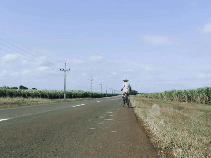 a person riding a bicycle down a country road