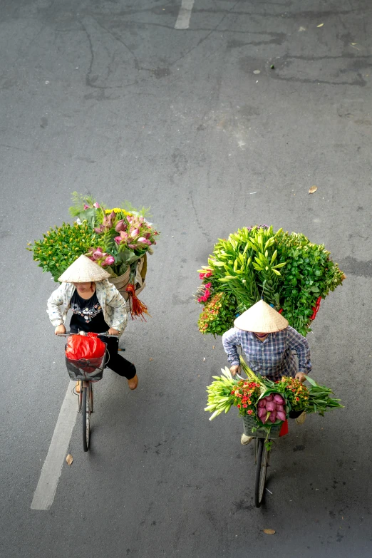 an aerial view of two people riding bicycles with a bouquet of flowers