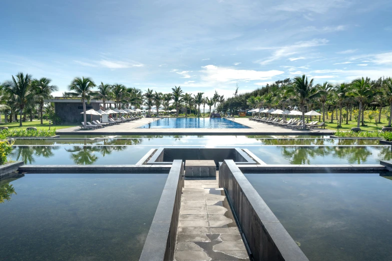 a long reflecting pool next to lush green trees