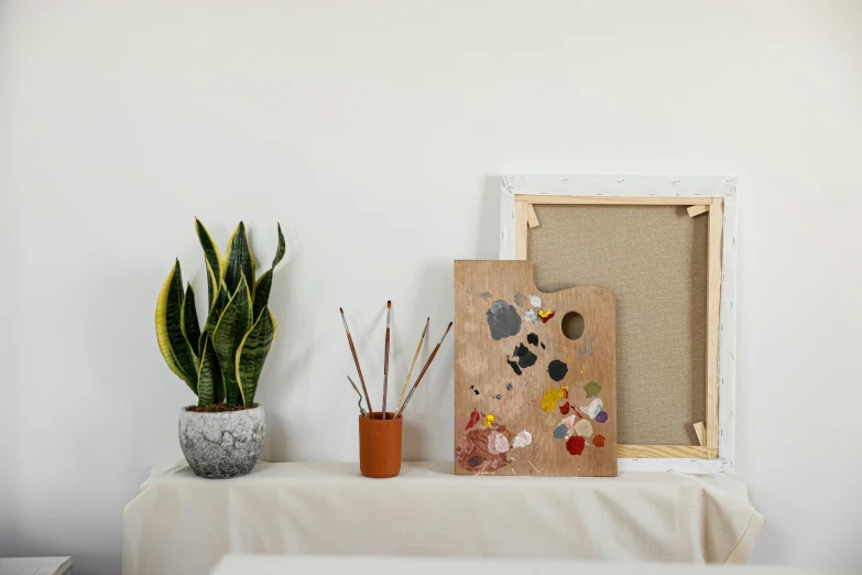 a picture is set up in front of a small cactus