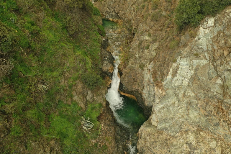 a bird flying over a rocky body of water