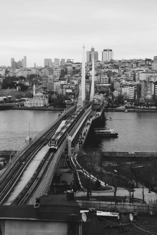 a train traveling across a bridge surrounded by water