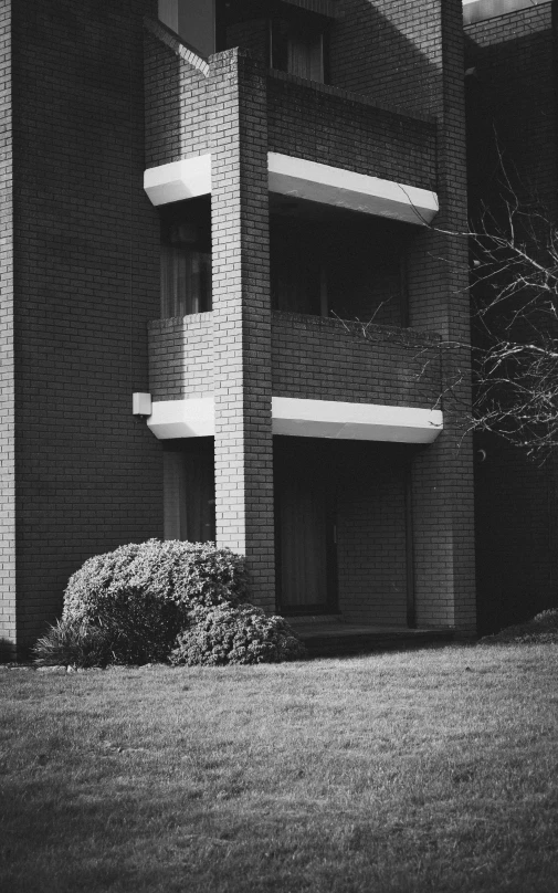 a building with balconies and a shrub is in black and white