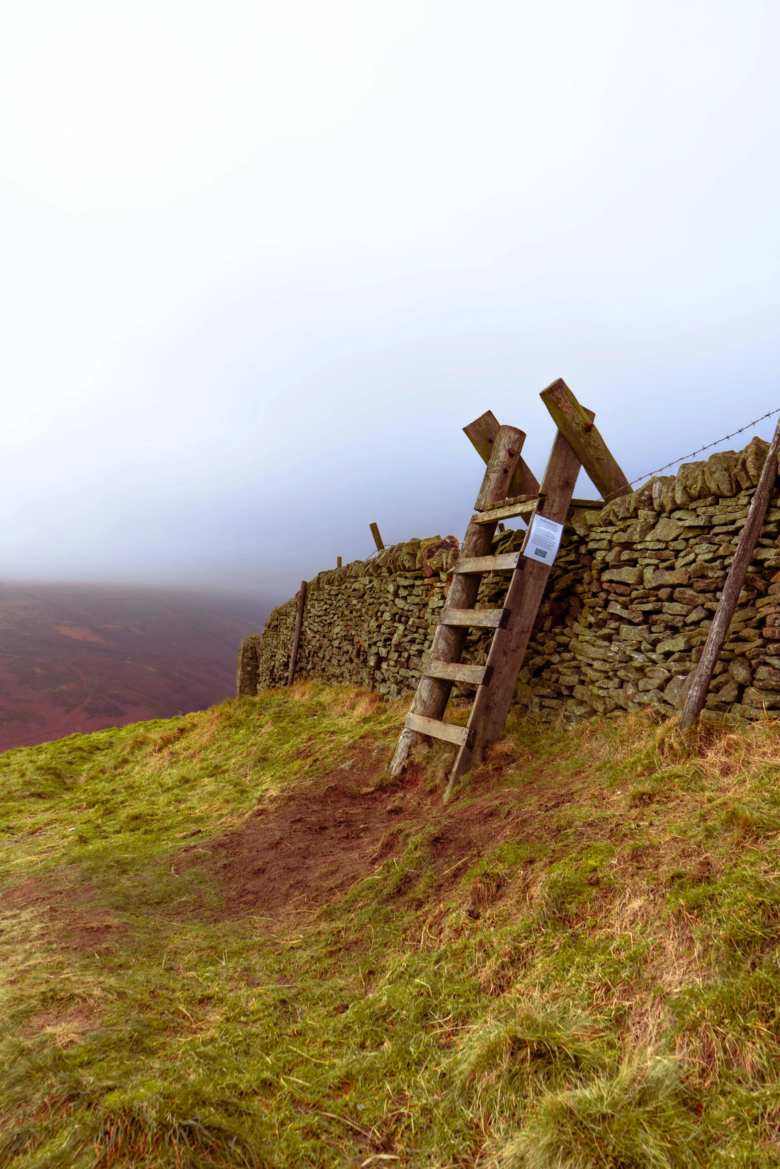 a stone wall and wooden ladder on top of grass