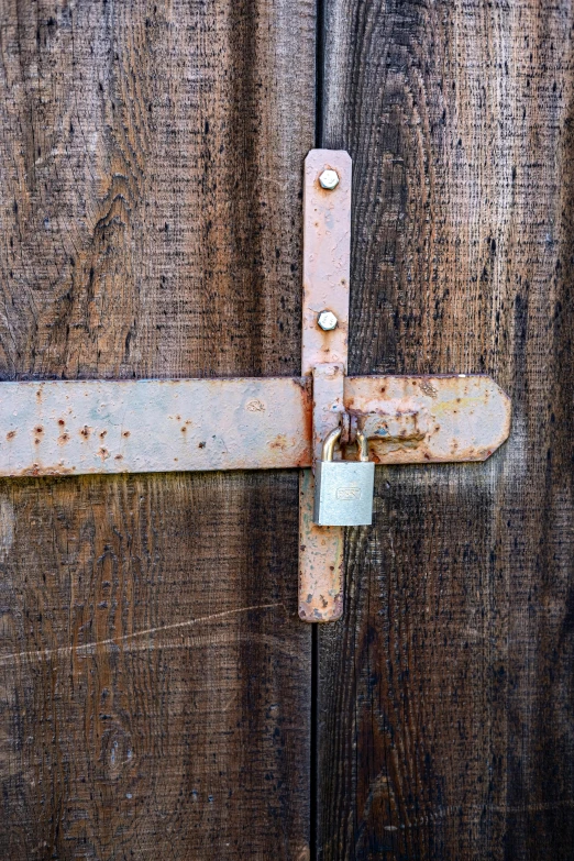 an old lock and padlock on a wood door